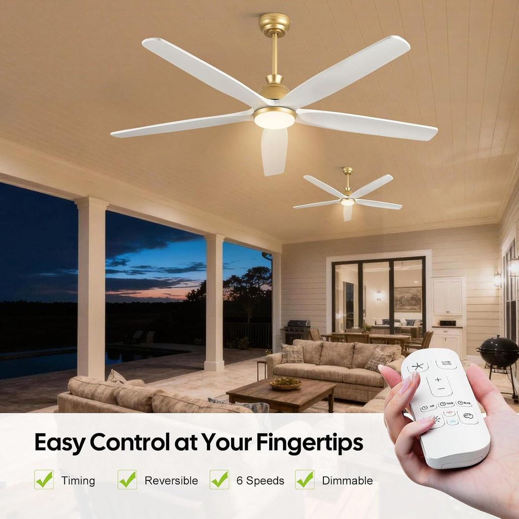 60 Inch Outdoor Ceiling Fan with Lights and Remote, Modern Farmhouse Gold Brass Ceiling Fans, 5 White Solid Wood Blades, Quiet DC Motor, High CFM Airflow, Damp Rated for Patio Porch Large Room Indoor