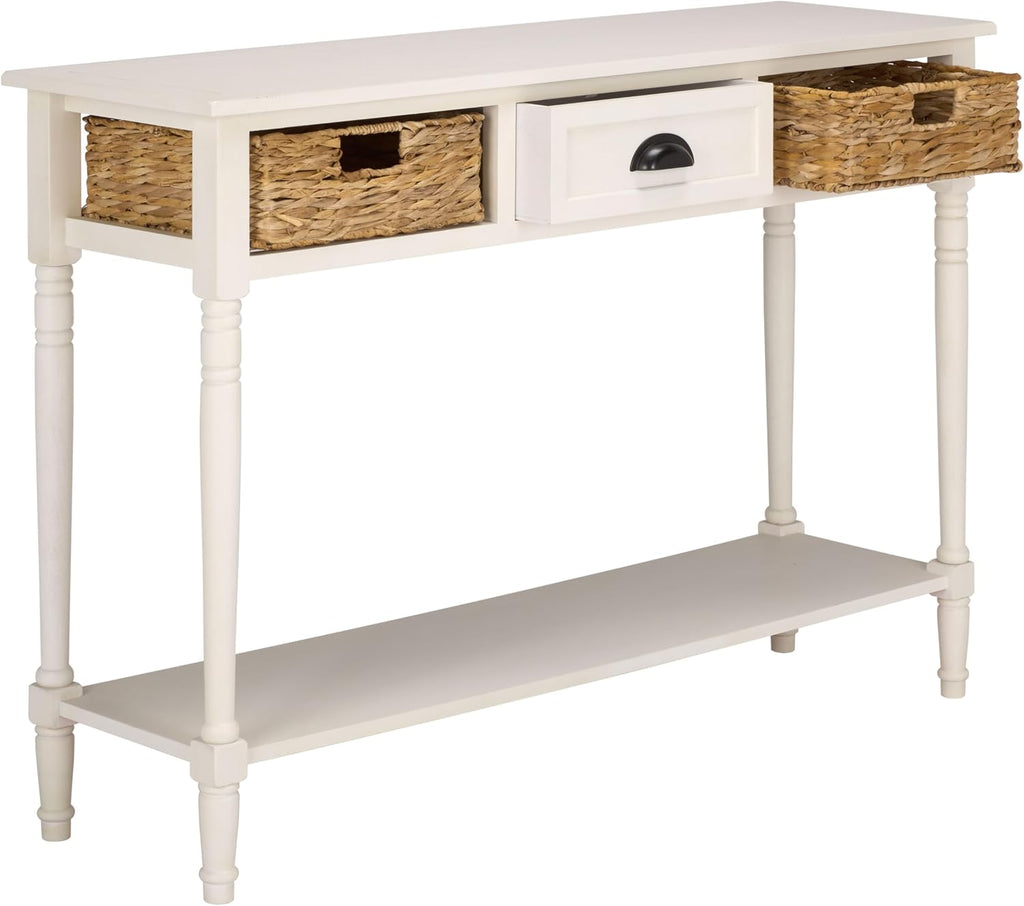 SAFAVIEH Home Collection – Christa Ivory Console Table, 3-Drawer Storage with Natural Basket Drawers, Coastal Entryway Design (AMH5737K)