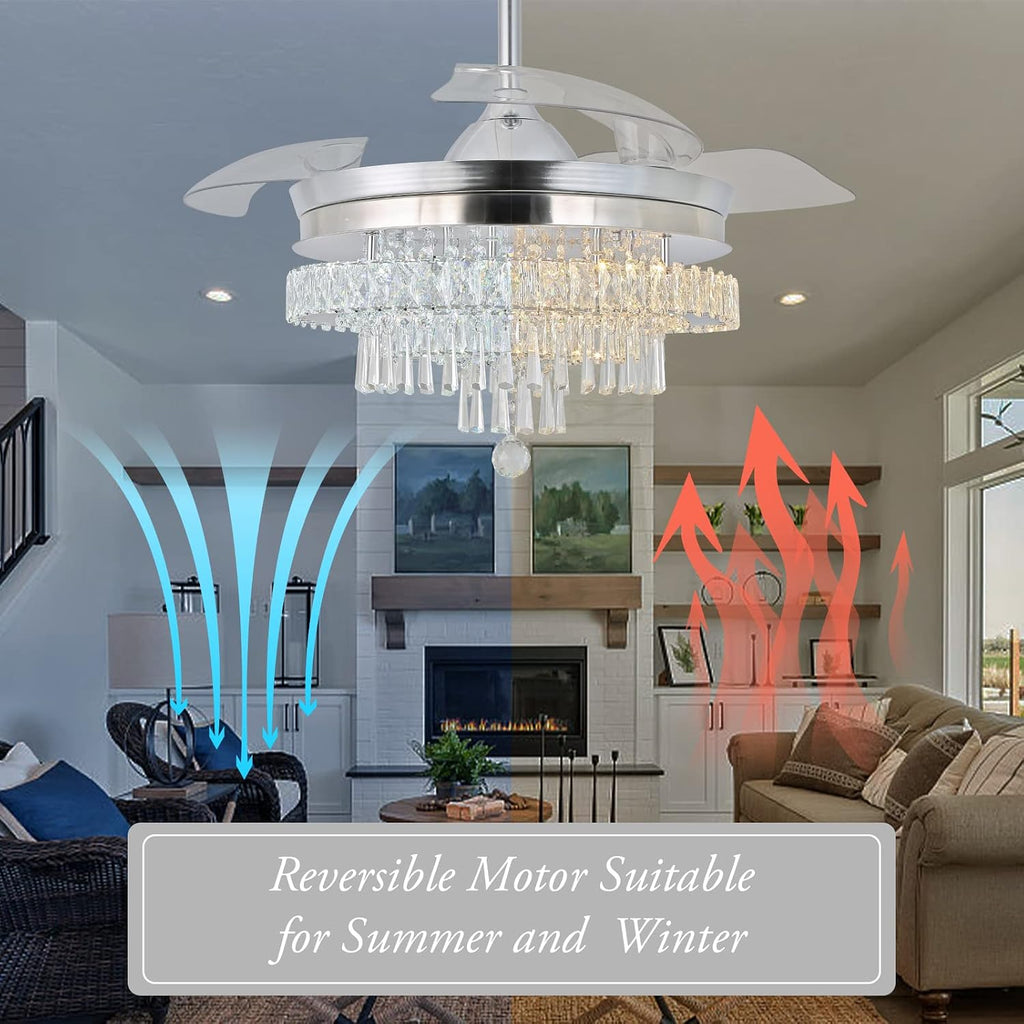 Finktonglan 42' Crystal Fandelier Ceiling Fan with Light, Retractable Blades, Dimmable 60W LED, Remote & App Control, Quiet Reversible Motor, 6 Speeds & Timer, Downrod Mount