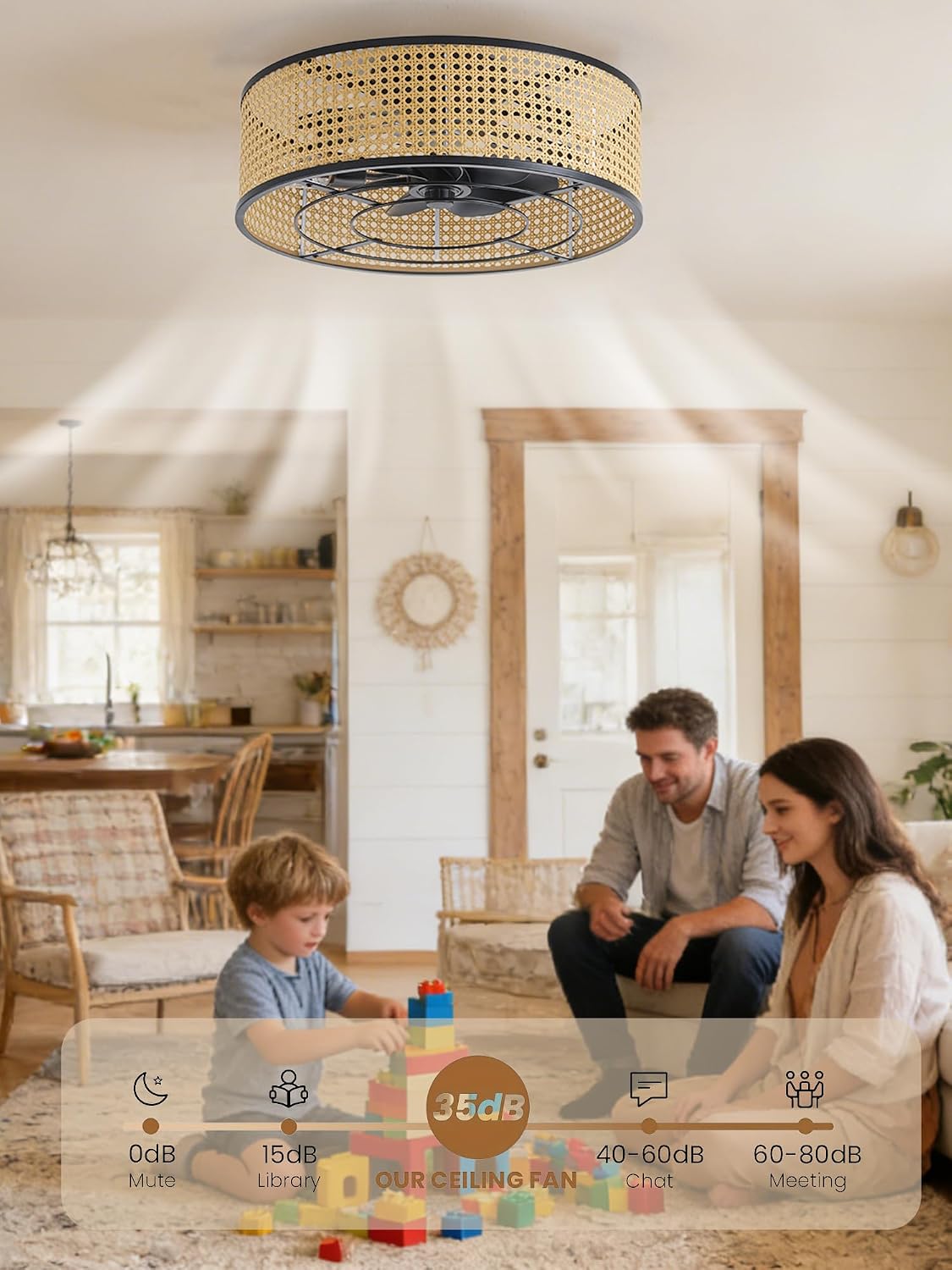 Boho Caged Ceiling Fan with Light, 20' Rattan Flush Mount Ceiling Fans with Lights Remote Contro, Bladeless Enclosed Fandelier Fan Safe for Bedroom, Living room, Nursery