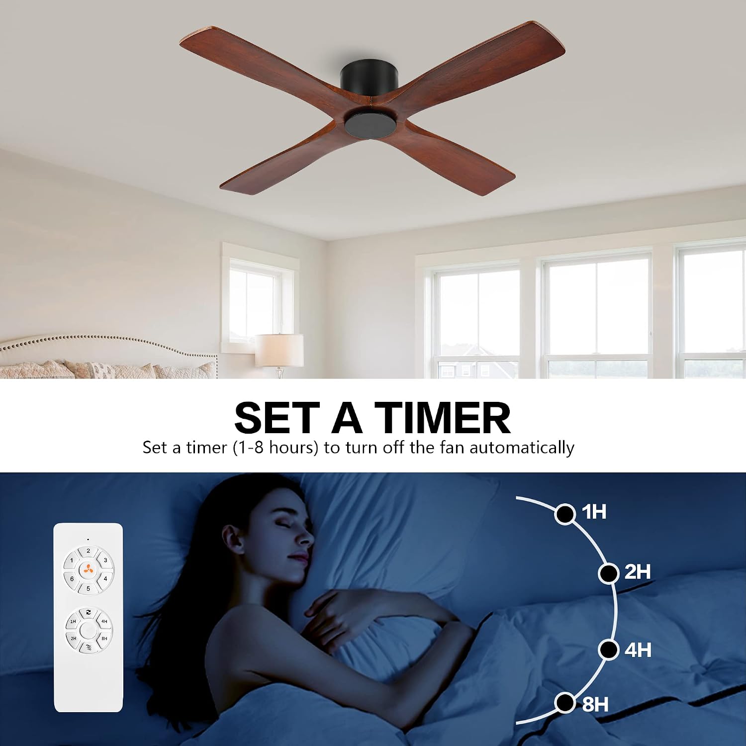 WINGBO 48 Inch Flush Mount DC Ceiling Fan without Lights, 4 Reversible Carved Wood Blades, 6-Speed Noiseless DC Motor, Hugger Ceiling Fan No Lights in Matte Black Finish with Walnut Blades, ETL Listed