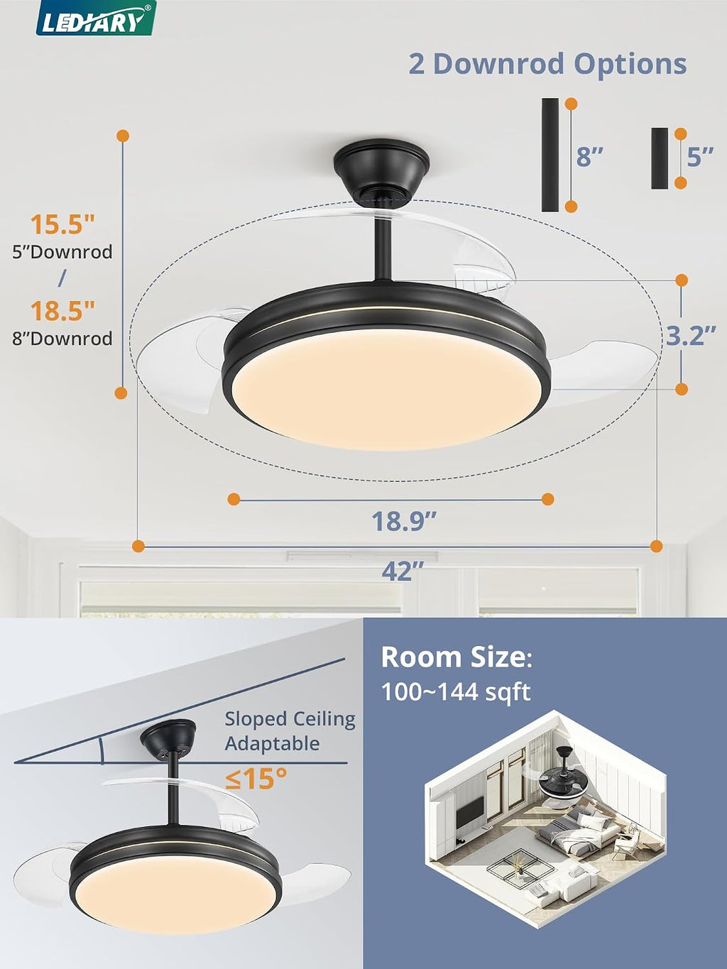 LEDIARY Retractable Ceiling Fan with Lights and Remote & APP Control, 42 Inch Fandelier Ceiling Fan with Light, 6 Speed Dimmable Reversible Memory, Modern Silent Smart Fan for Bedroom Living Room