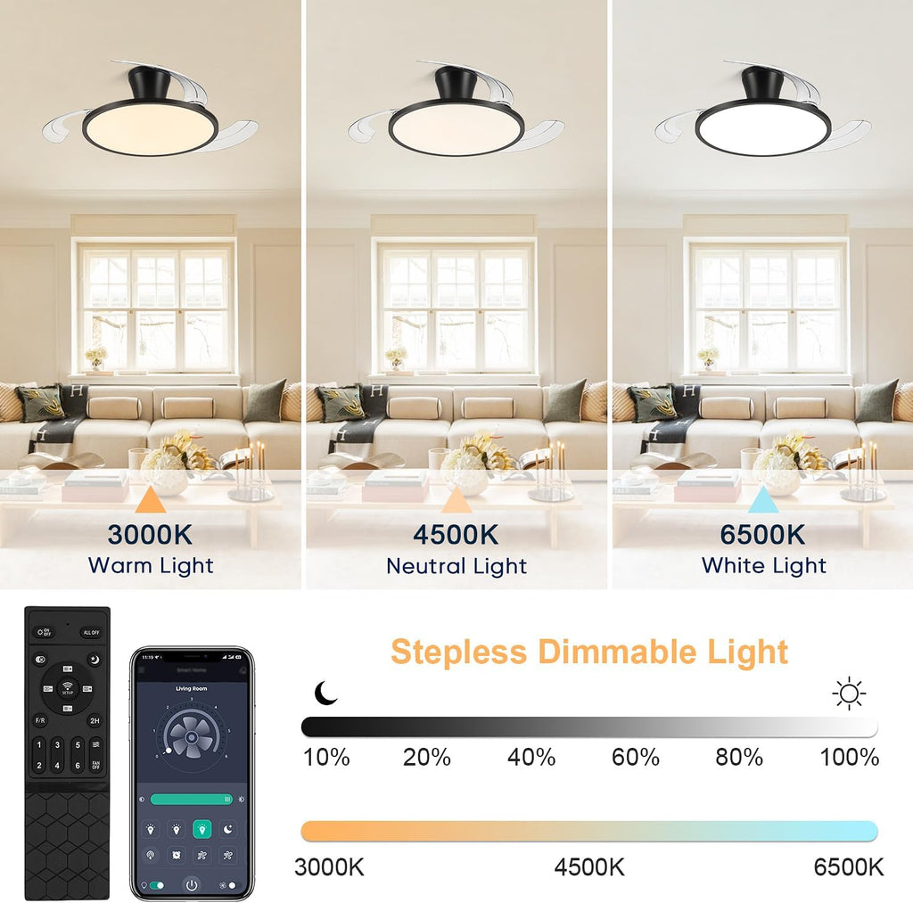 42' Retractable Ceiling Fan with Light, Slim Fandelier Ceiling Fans with Remote & App Control, Full Spectrum, Low Profile Modern Ceiling Fan for Bedroom Living Room Kitchen, Black