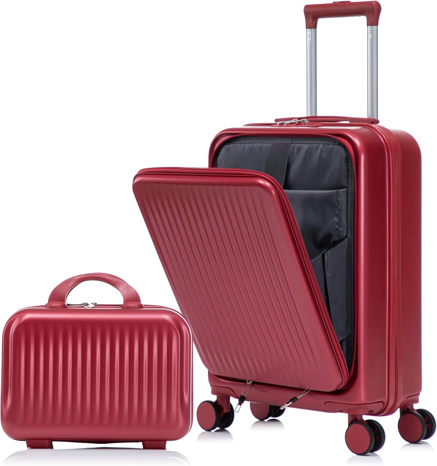 Two-piece luggage set with swivel wheels black hard shell 20-inch carry-on and 14-inch vanity case (Red)