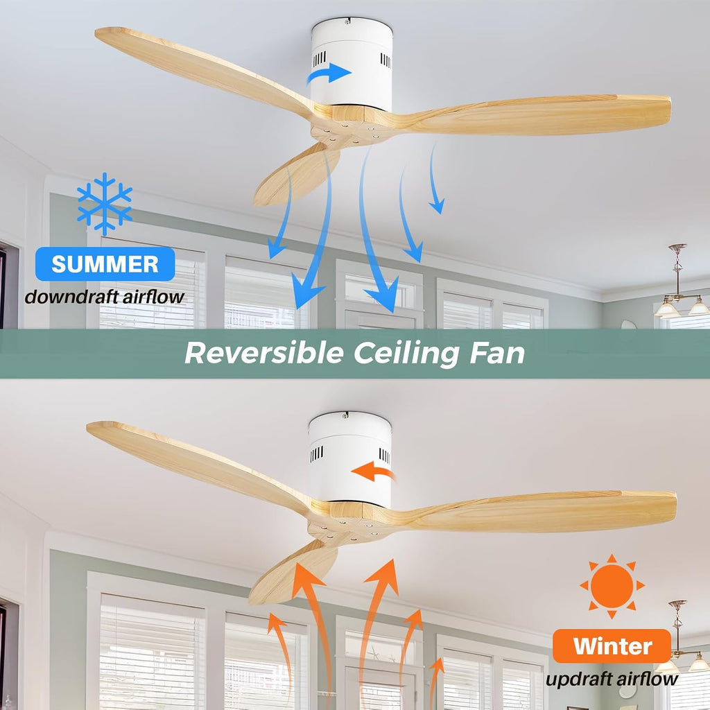 Sofucor 52'' Low Profile Ceiling Fan Remote Control without Lights,Wood Flush Mount White Ceiling Fans no light, Modern Ceiling Fan Reversible DC for Bedroom,Farmhouse,Living Dining Room,Kitchen