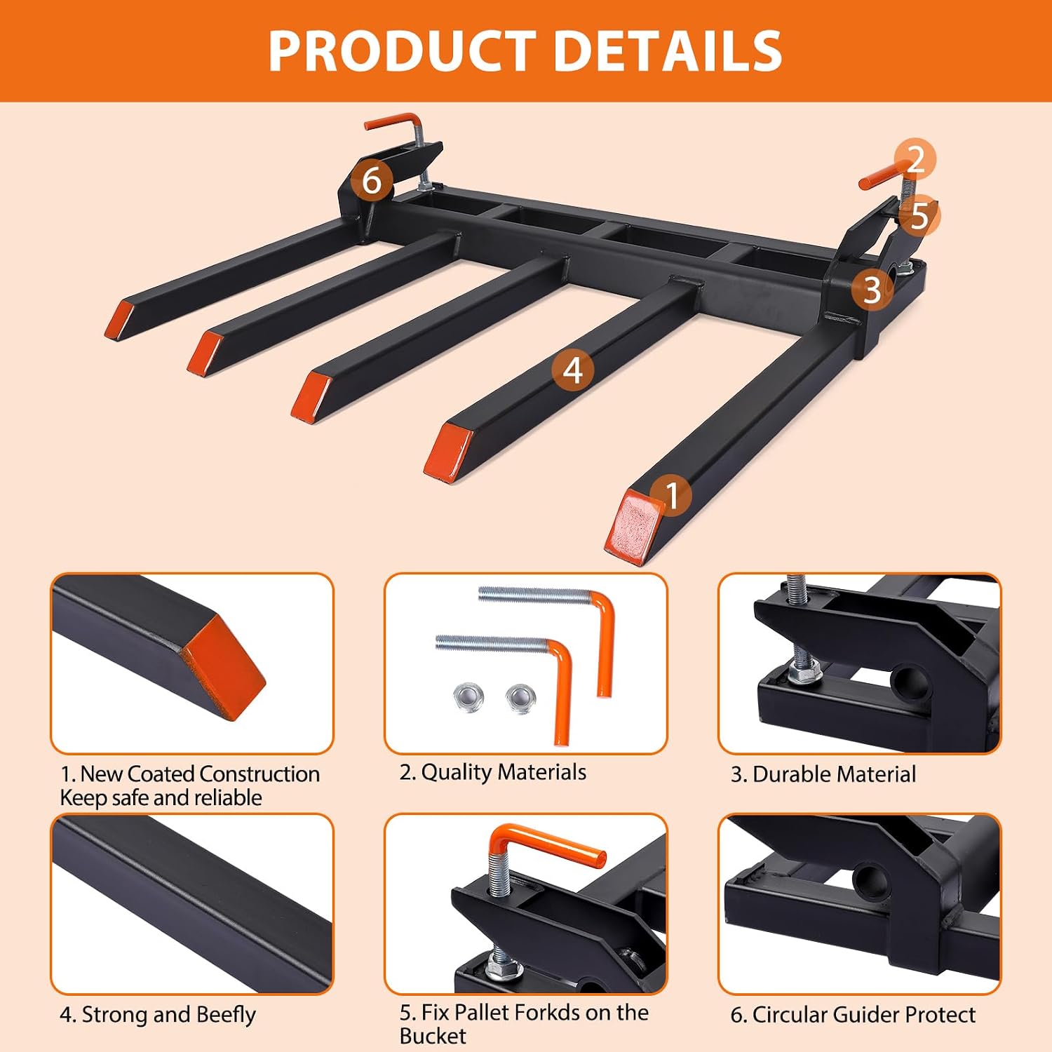 GAOMON Clamp on Debris Forks to 48' Bucket, Heavy Duty 5 Fork Tines Clamp-on Pallet Attachments with 2500 LBS Capacity Fit for Tractor Bucket, Skid Steer Loader