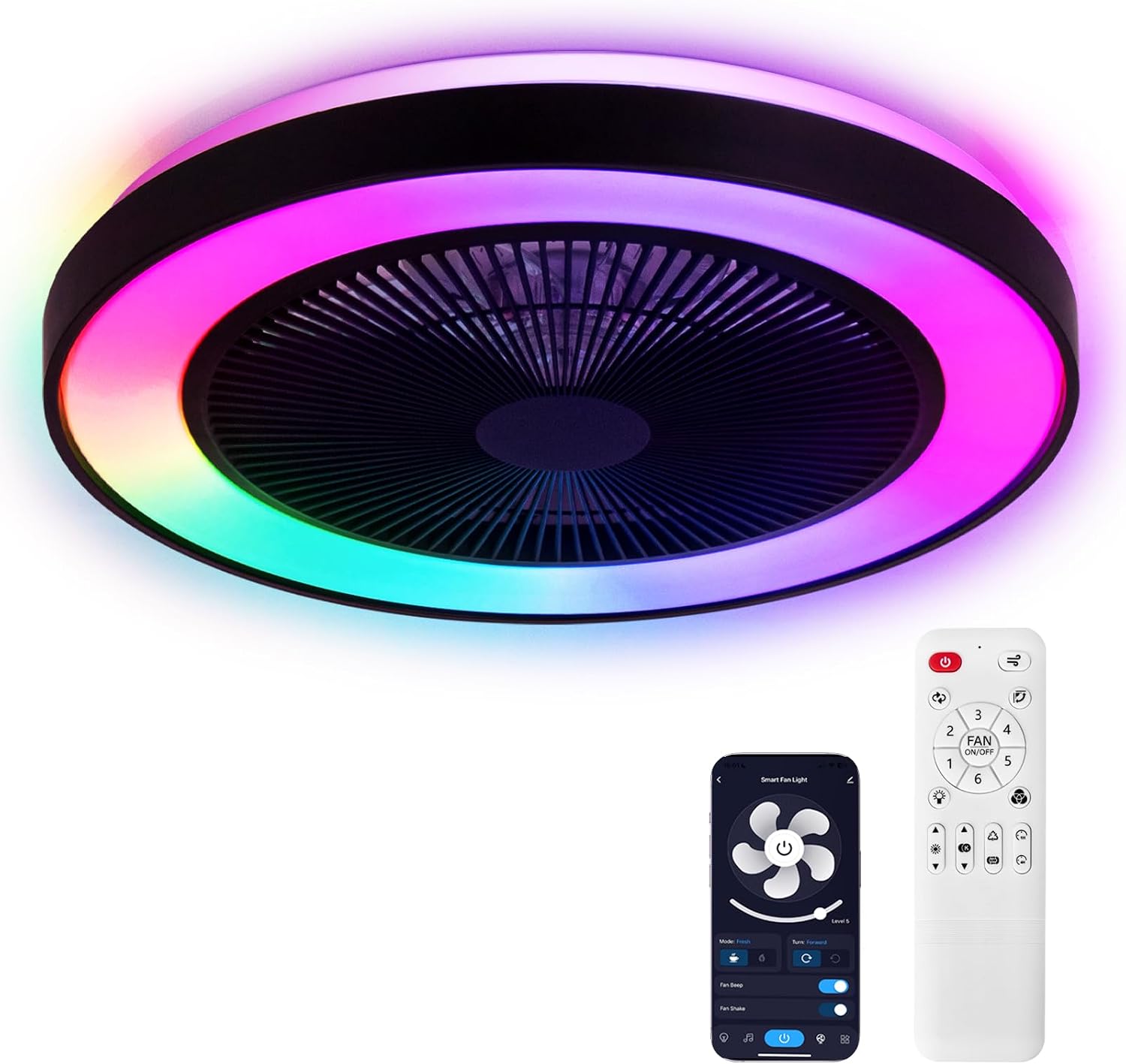 2-in-1 Low Profile Ceiling Fan with Light, 20' Caged Safety Design for Kids - RGB Color, Smart APP/Remote Control, Quiet Flush Mount DC Motor, Ideal for Bedroom/Living Room/Kitchen, Black