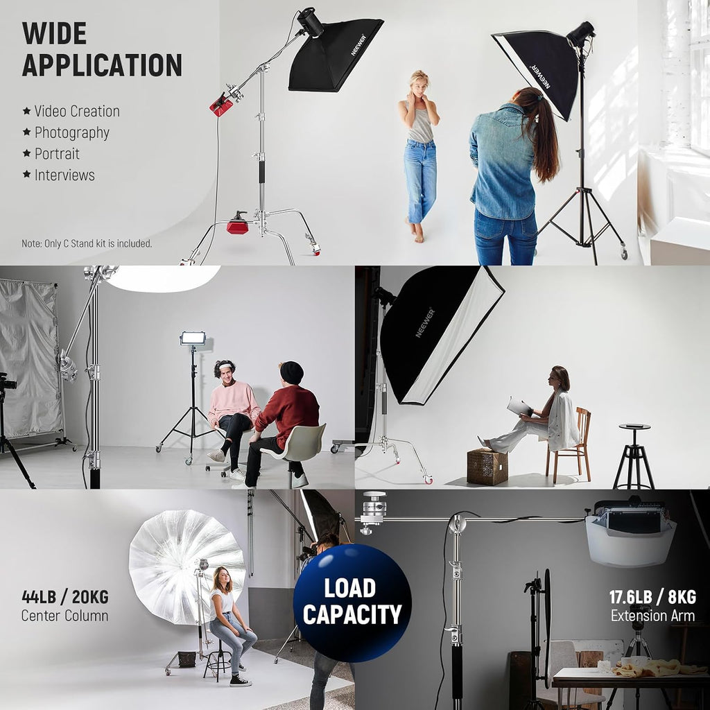 NEEWER Stainless Steel Heavy Duty C Stand with Swivel Casters, 43'-73'/110-186cm Photography Light Stand with 33'/83cm Boom Arm, 2 Grip Heads for Studio Monolight, Softbox, Reflector, SC186W