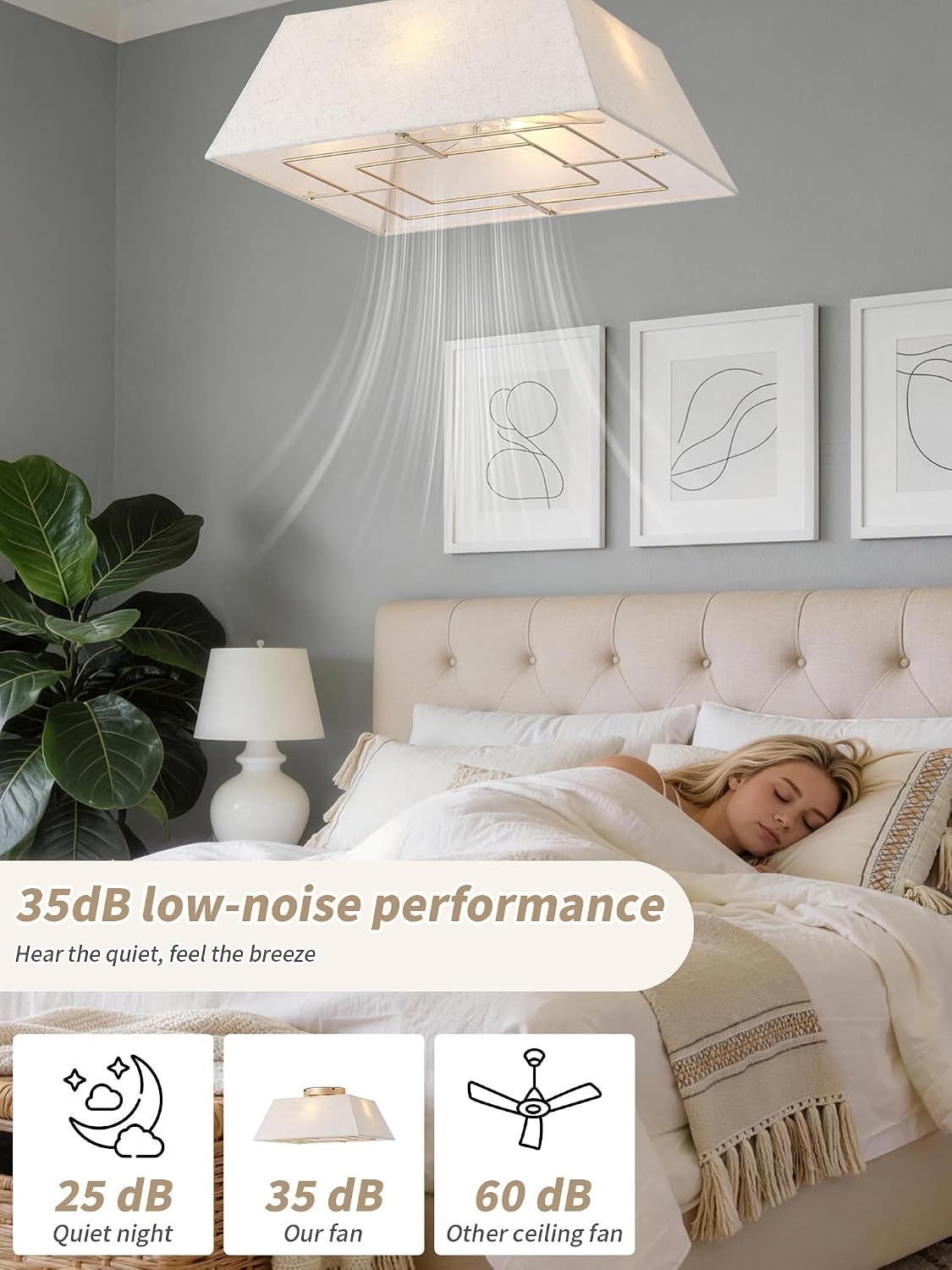 20' Boho Ceiling Fans with Lights Flush Mount, Bladeless Ceiling Fan with Light Remote Control, Square with 6 Speeds for Bedroom, Living Room, Nursery (Beige)