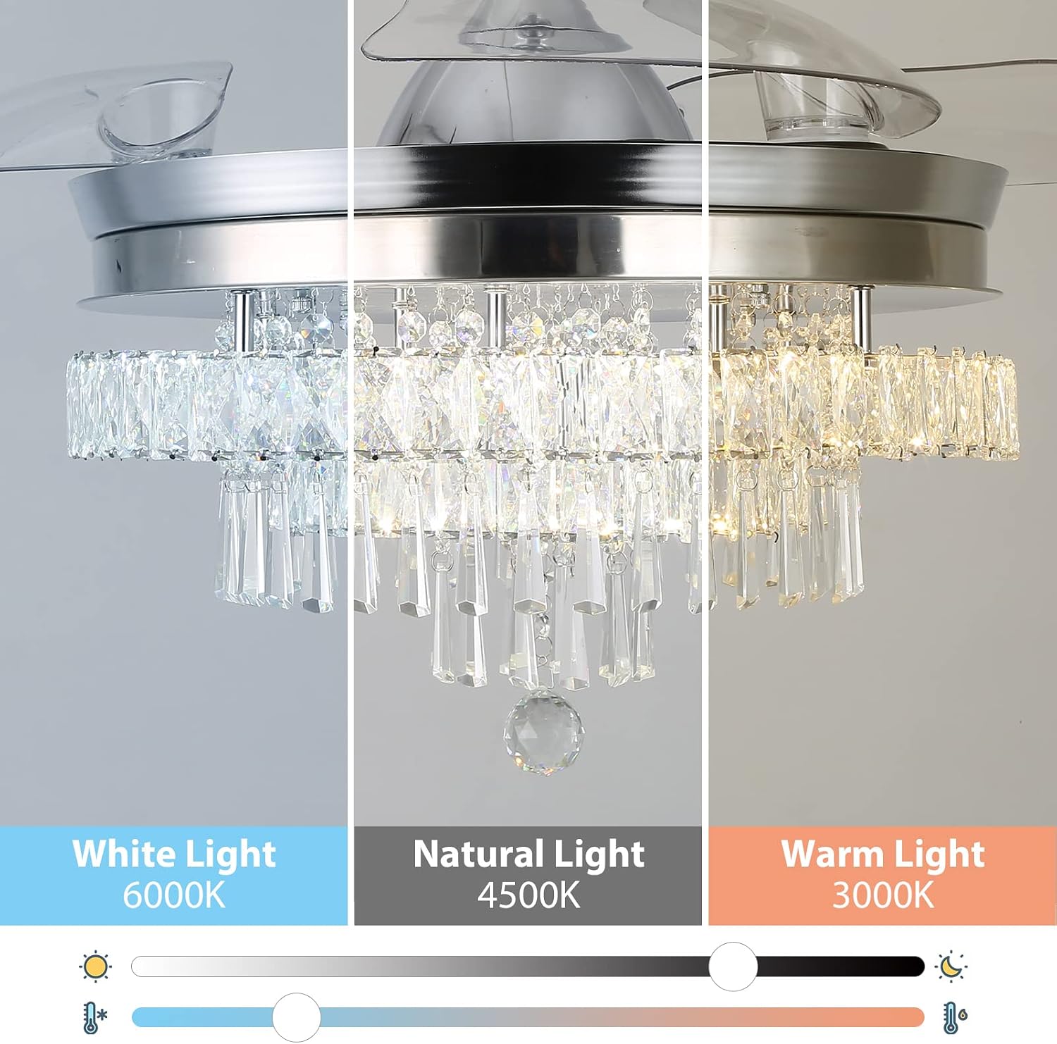 Finktonglan 42' Crystal Fandelier Ceiling Fan with Light, Retractable Blades, Dimmable 60W LED, Remote & App Control, Quiet Reversible Motor, 6 Speeds & Timer, Downrod Mount