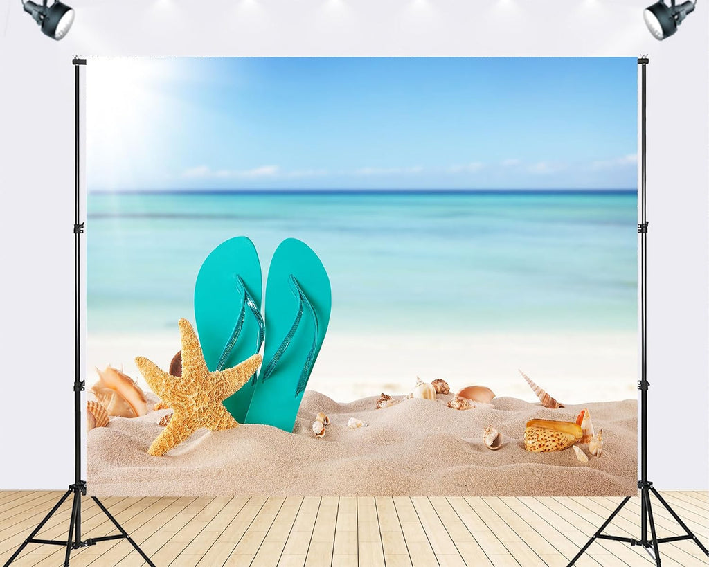 Trykid 20x10ft Turquoise Flip Flops Backdrop Starfish Seashells Tropical Sand Clear Blue Ocean Photography Background Summer Vacation Event Decor Party Decoration Photo Booth Prop Fabric