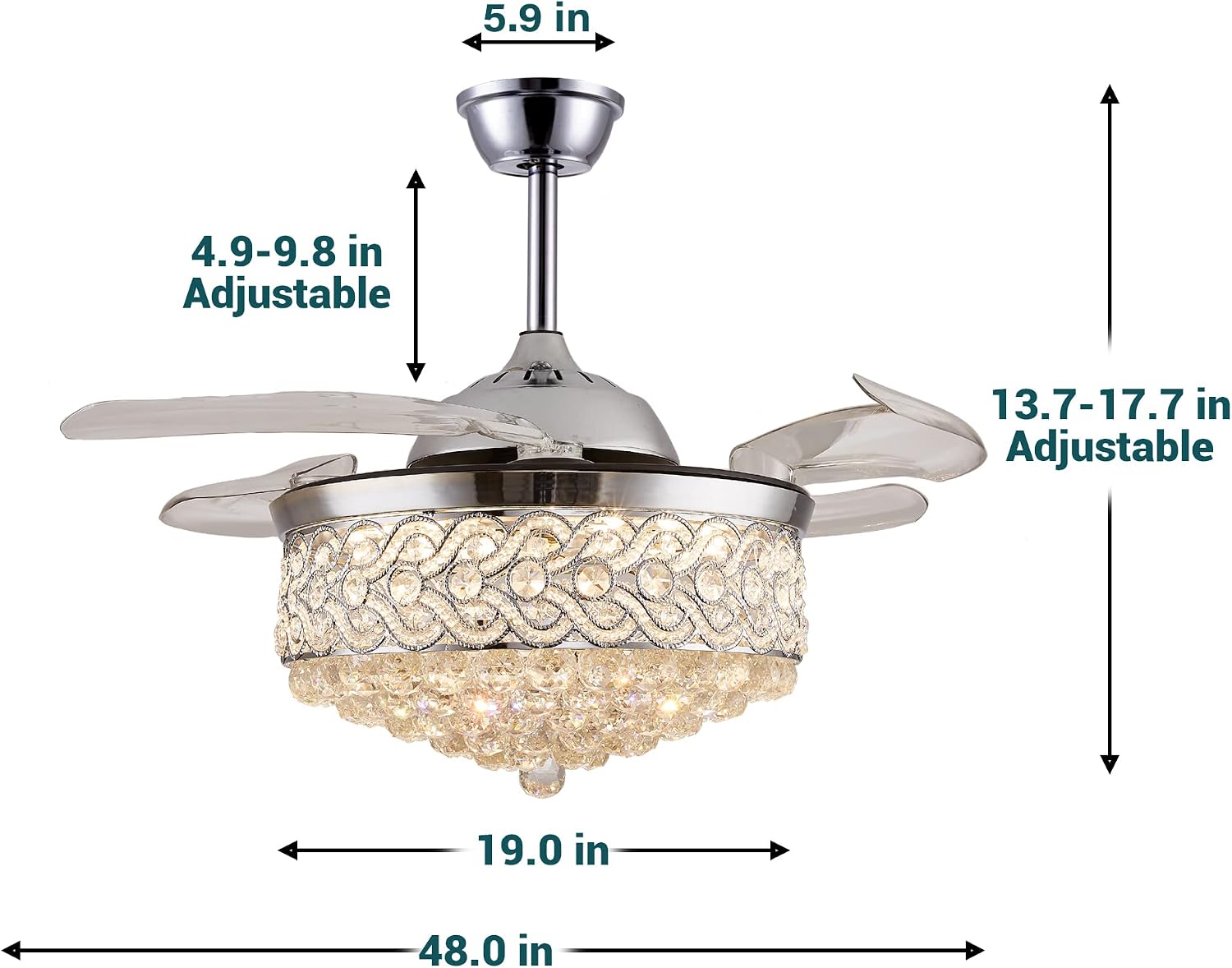 DuMaiWay 48' Dimmable Fandelier Crystal Ceiling Fans with Lights,Invisible Retractable Blades Chandelier Fan Silent Motor Ceiling Fans for Bedroom Living Dining Silver Polished