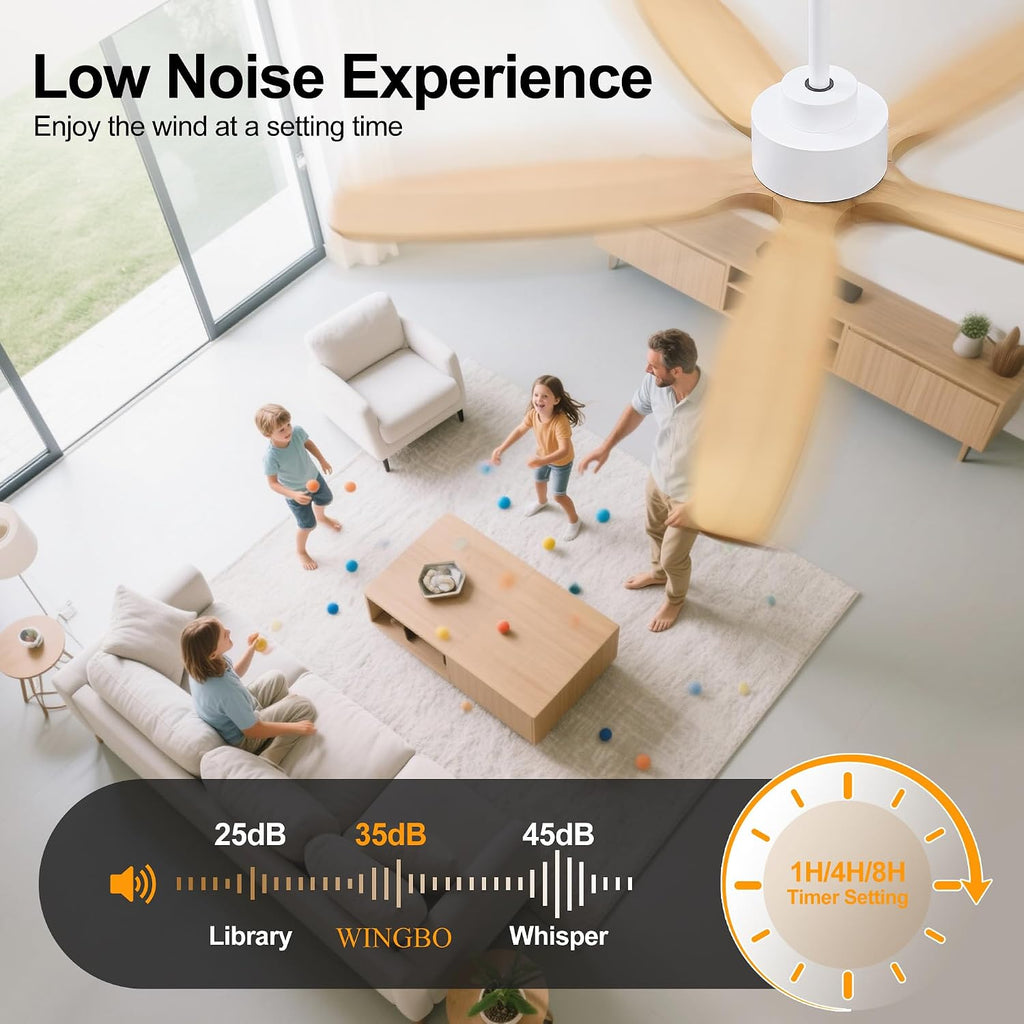 WINGBO 54' Ceiling Fan with Light - 5 Carved Solid Wood Blades, 6-Speed Reversible DC Motor, Dimmable, 3CCT, Noiseless Remote Control Ceiling Fans with Lights for Bedroom Living Room, White and Oak