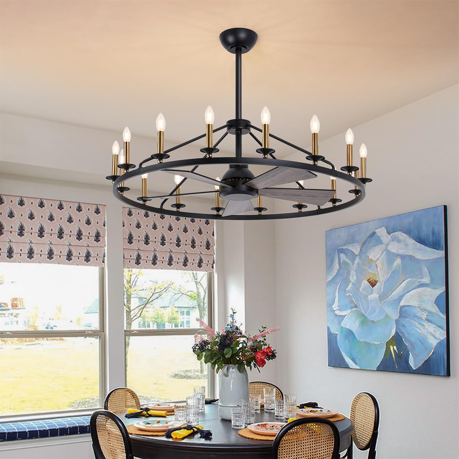 44' Black+Gold Wagon Wheel Chandelier with Fans, Farmhouse Ceiling Fan with 16-Lights and Remote, Adjustable Height, Rustic Chandelier for Living Room Bedroom, 6-Speed Reversible Large Fandelier