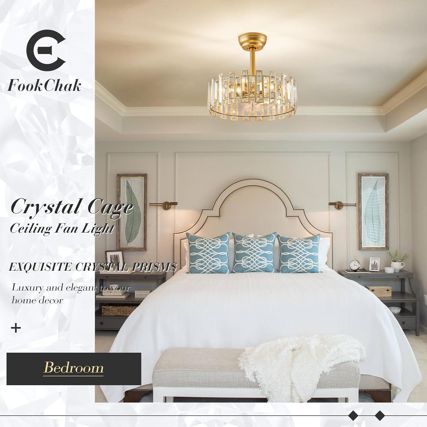 Gold Caged Ceiling Fans with Light, Brass Ceiling Fan Light with Remote Control Modern Crystal Chandelier with Fan 18' Semi-Flush Mount Fandeliers for Bedroom Dining Room Living Room Kitchen