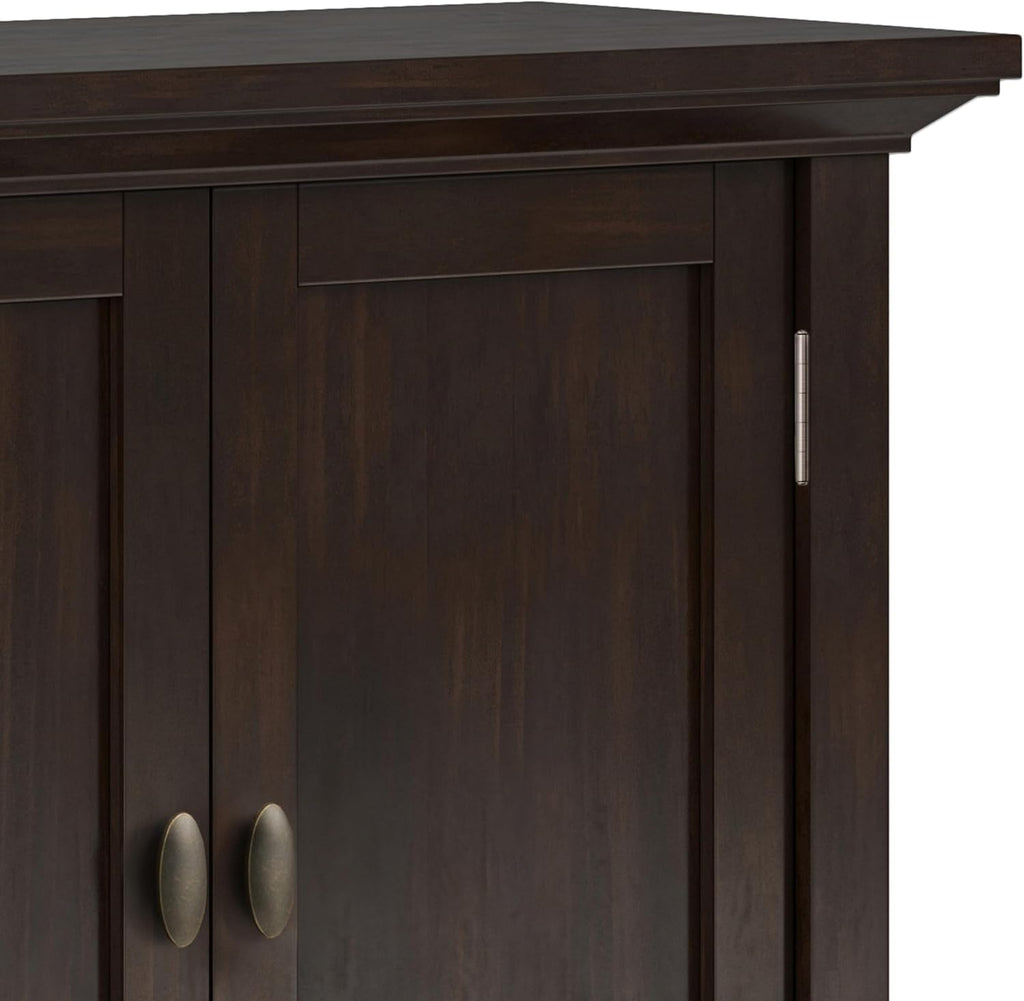 SIMPLIHOME Redmond Storage Cabinet - 32 inch Wide Solid Wood 2-Shelf Low Storage Cabinet in Brunette Brown, Transitional Accent Cabinet for Entryway with Adjustable Shelves and Tapered Legs