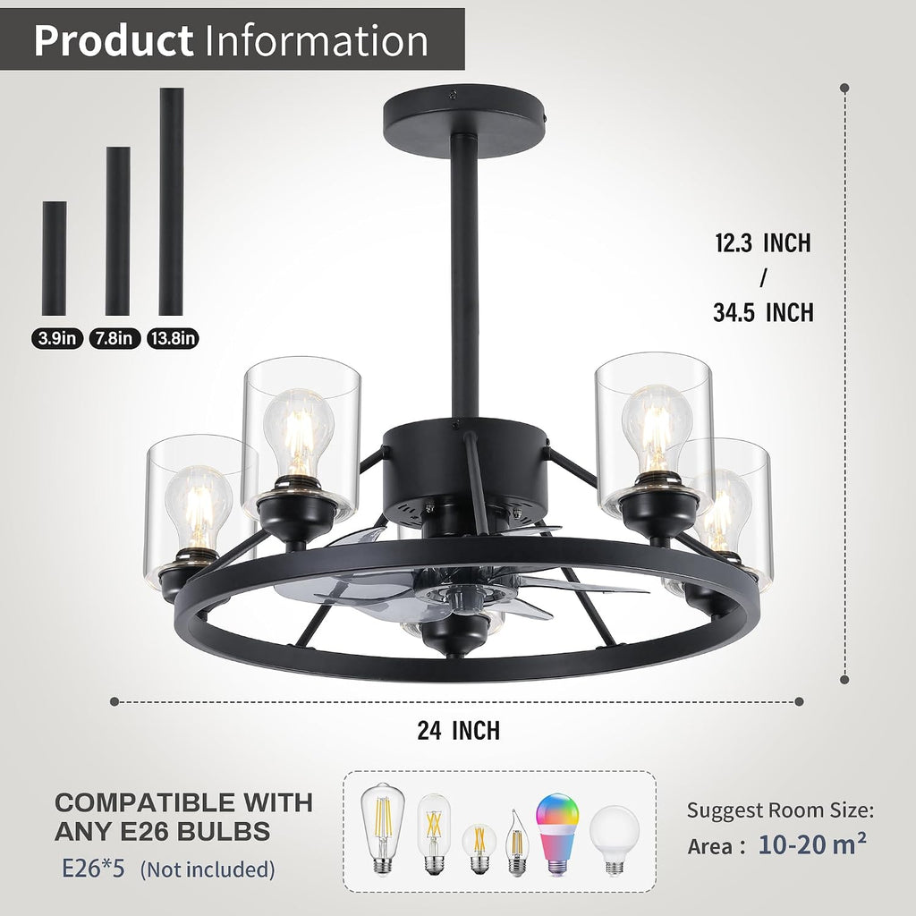 Miuyhji 24' Ceiling Fans with Lights Wagon Wheel Chandelier, Farmhouse Fandelier Black Fans with Glass Lampshade Light Fixture, 6 Speed, Timing, Adjustable Height for Dining Room Living Room