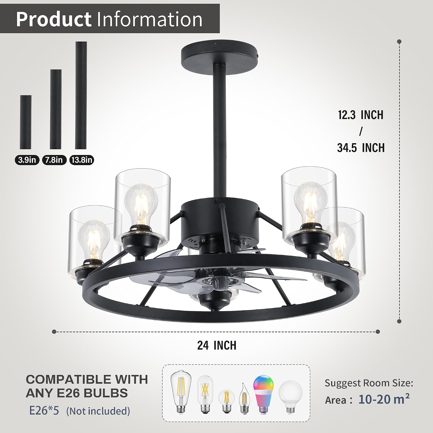 Miuyhji 24' Ceiling Fans with Lights Wagon Wheel Chandelier, Farmhouse Fandelier Black Fans with Glass Lampshade Light Fixture, 6 Speed, Timing, Adjustable Height for Dining Room Living Room
