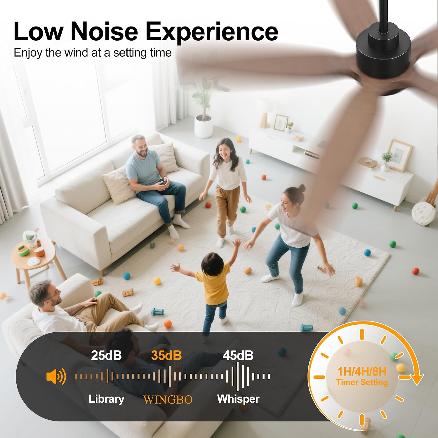WINGBO 54' Ceiling Fan with Light - 5 Carved Solid Wood Blades, 6-Speed Reversible DC Motor, Dimmable, 3CCT, Noiseless Remote Control Ceiling Fans with Lights for Bedroom Living Room, Black and Wood