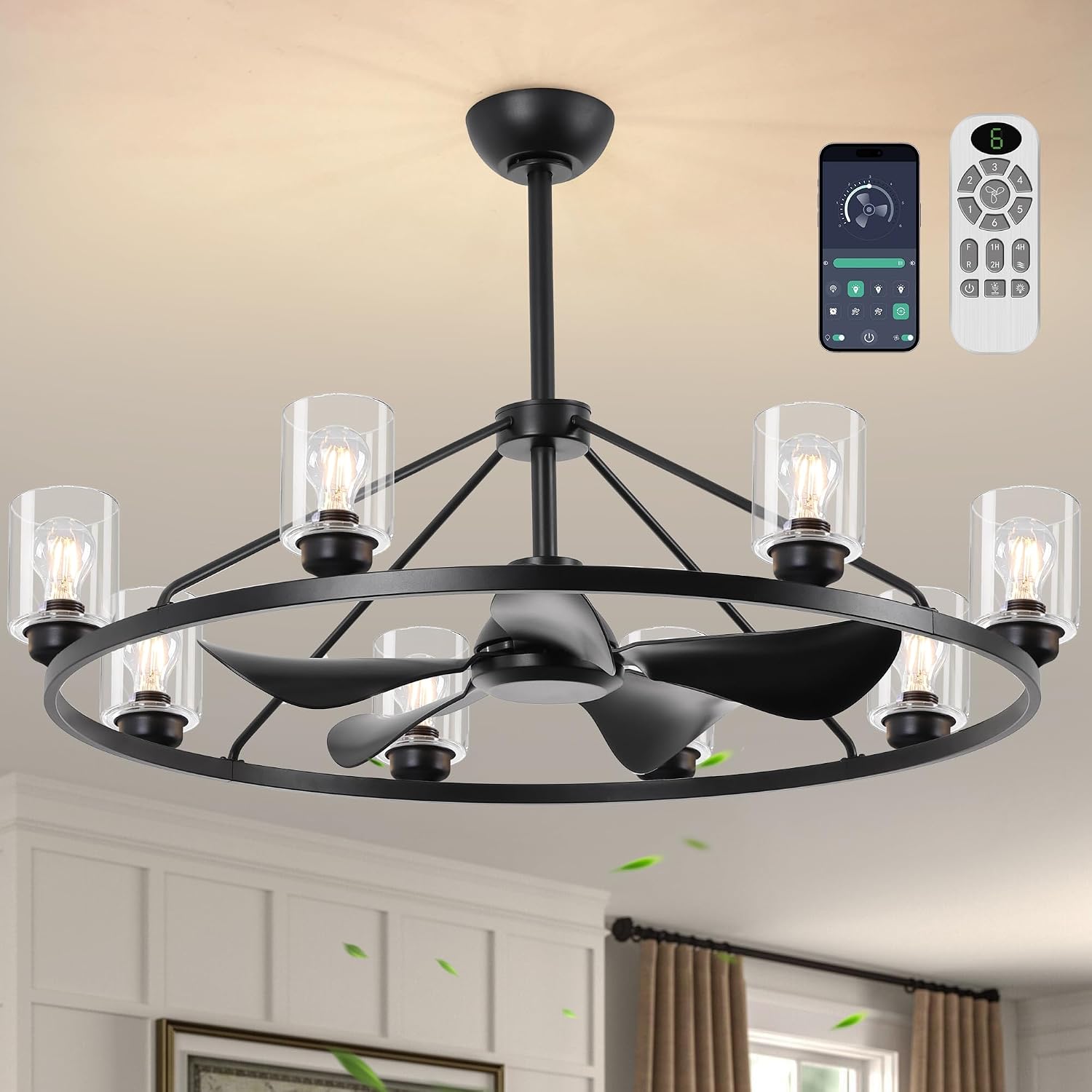 44' Large Ceiling Fans with Lights Wagon Wheel Chandelier, Farmhouse Fandelier Black Fans with Glass Lampshade Light Fixture,App control, 6 Speed, Timing, Adjustable Height for Dining Room Living Room