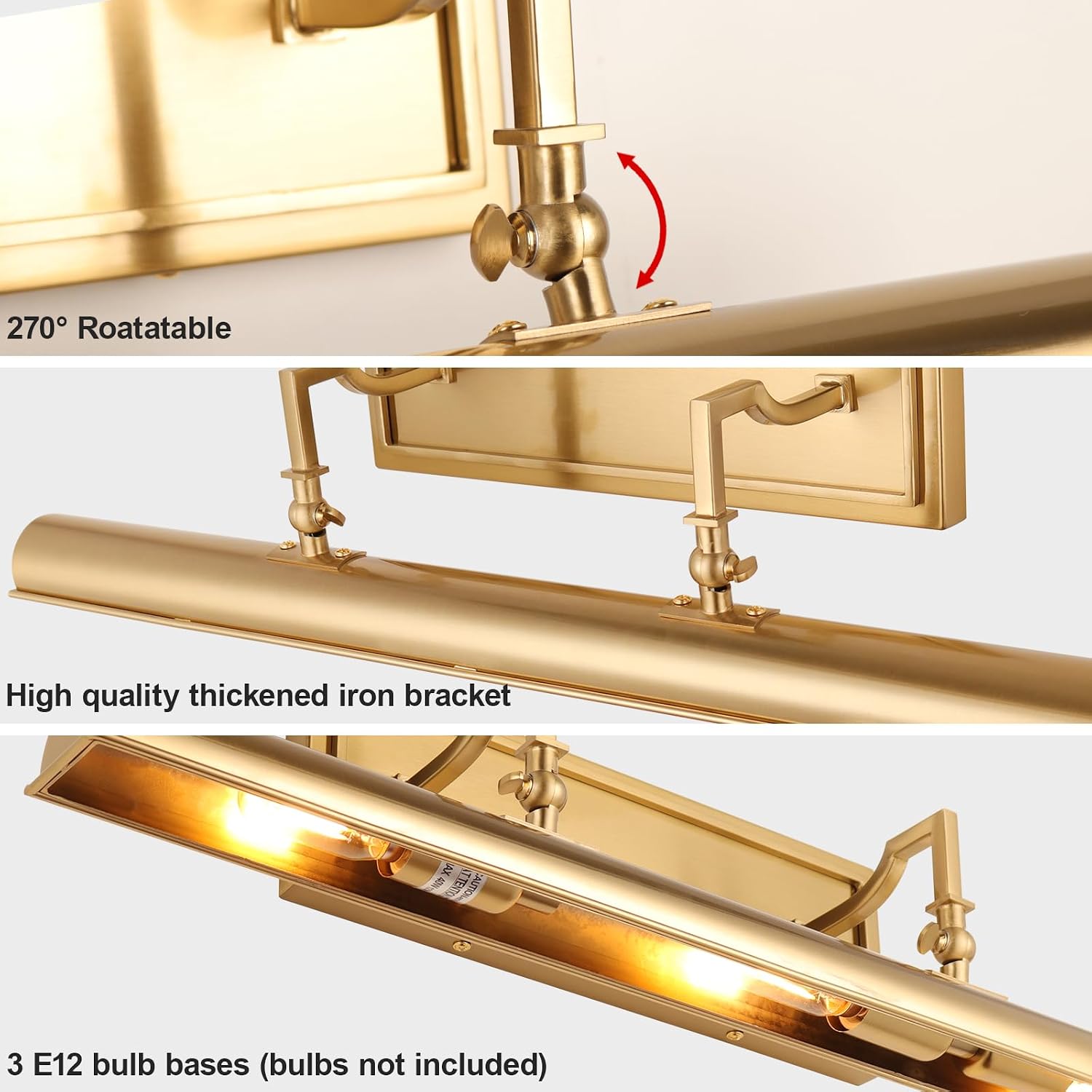 ADISUN 24 Inch Gold Picture Light, Picture Lights for Wall with 270° Adjustable Swing Arm, 3-Light, Hardwired, Vintage Wall Picture Light for Artwork, Poster, Photo(Exclude Bulb)