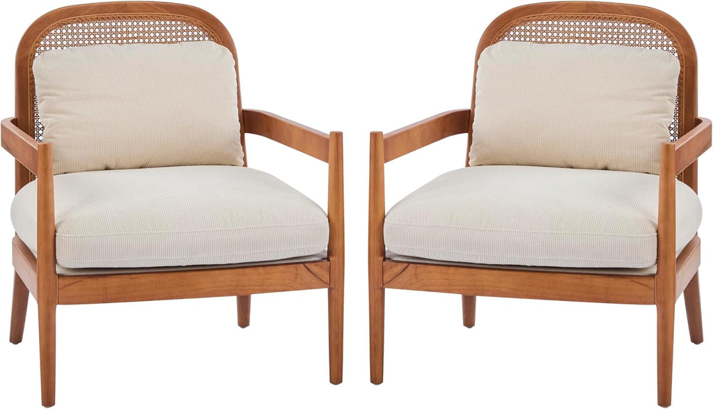 Christopher Knight Home Nadine Accent Chairs Set of 2, Wooden Club Chair, Rattan Open Back Armchair, Accent Reading Sofa Chair with Cushions, Club Chairs Set of 2 for Living Room Bedroom, Beige+Teak