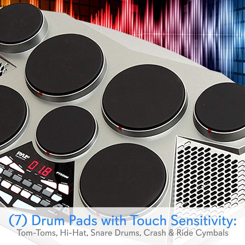 Pyle Pro Electronic Drum kit - Portable Electric Tabletop Drum Set Machine with Digital Panel, 7 Drum Pad, Hi-Hat / Kick Bass Pedal Controller USB AUX -Tom Toms, Hi-Hat, Snare Drums, Cymbals - PTED06