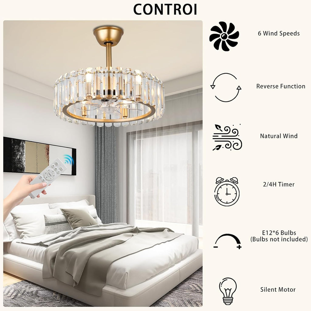 FRIXCHUR Gold Crystal Fandelier Ceiling Fan with Lights Remote 20.7 Inch Modern Chandelier Fan 6 Speeds Timer Reversible Flush Mount for Dining Bedroom Living Room Kitchen, 6 x E12 Bulbs Not Included