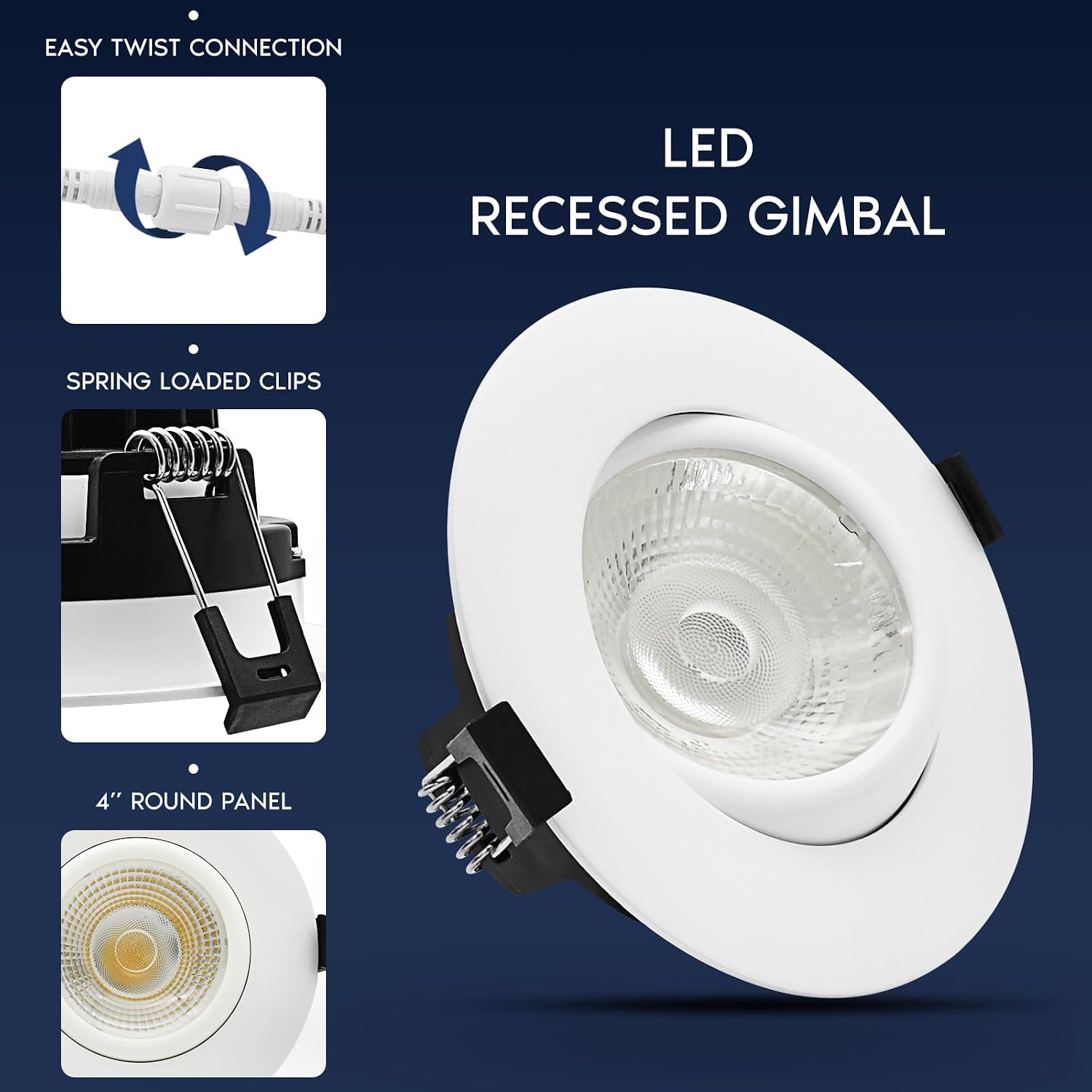 LUXRITE 4-Inch Gimbal LED Recessed Lighting, 5 Color Selectable 2700K-5000K, 15 Watts, 1250 Lumens, Adjustable 360º + 30º Swivel Spotlight, Dimmable, CRI90, IC & Wet Rated, ETL, White (6 Pack)
