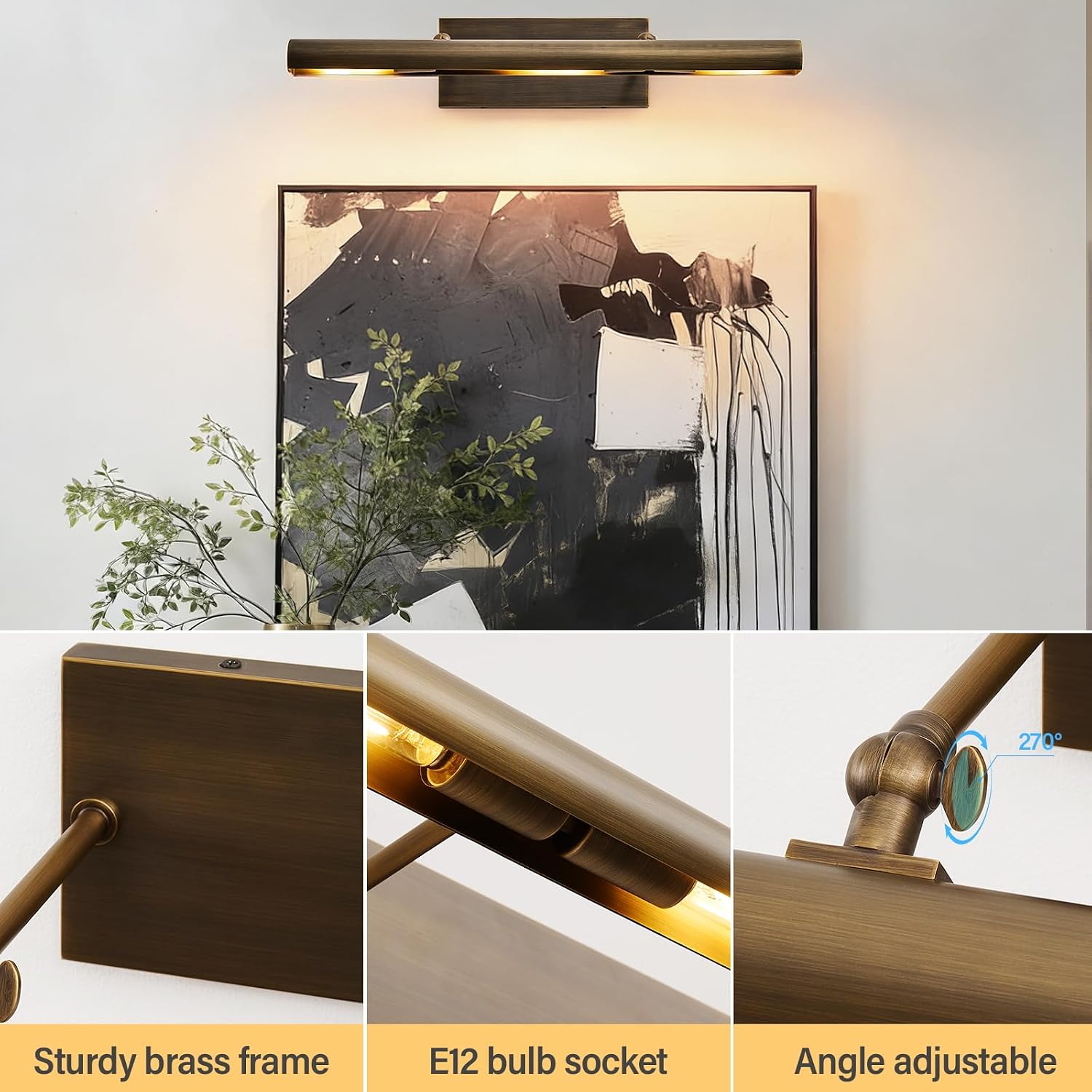 Art Picture Frame Wall Light: 24' Antiquing Copper Dimmable Artwork Painting Spotlight - Hardwired Swing Arm Rotatable 3 Lights over Picture - Linear Accent Lighting above Photo for Gallery Bookcase