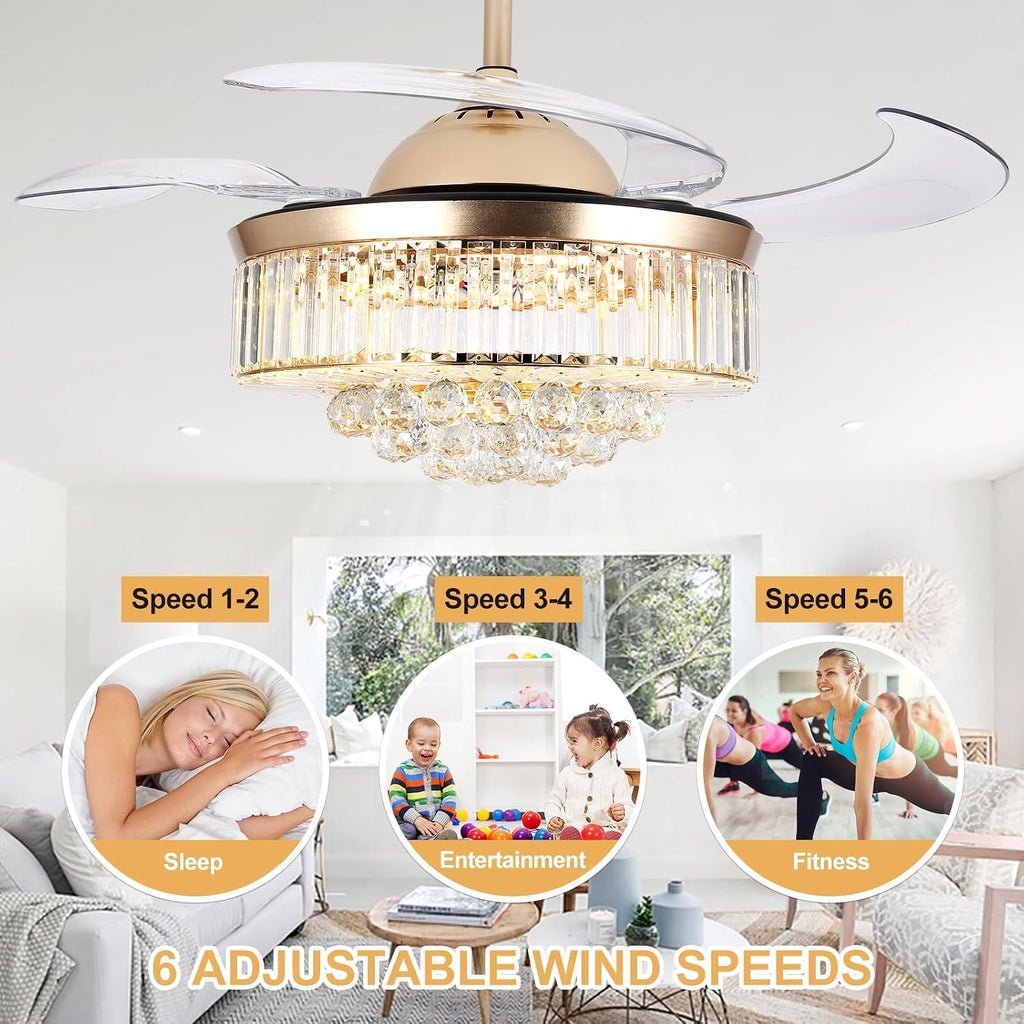 Bavnnro 42'' Fandelier Ceiling Fans with Light, Gold Retractable Crystal Chandelier Fan, Reversible, Remote Control, Dimmable Ceiling Light Kits for Dining Living Room, Bedroom