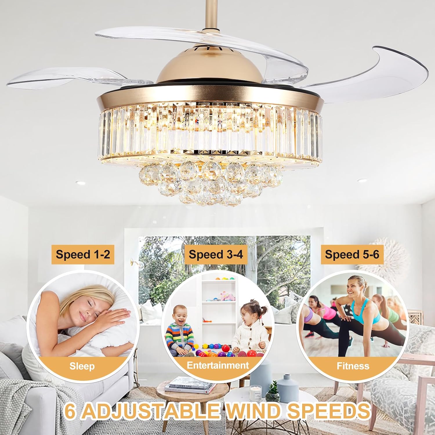 Bavnnro 42'' Fandelier Ceiling Fans with Light, Gold Retractable Crystal Chandelier Fan, Reversible, Remote Control, Dimmable Ceiling Light Kits for Dining Living Room, Bedroom