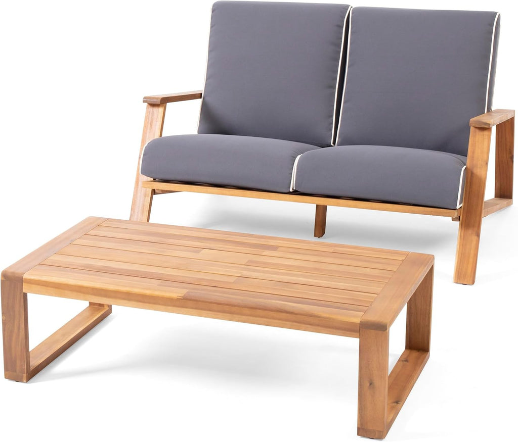 Christopher Knight Home Eartha Outdoor Loveseat Set with Coffee Table, Teak Finish, Dark Gray
