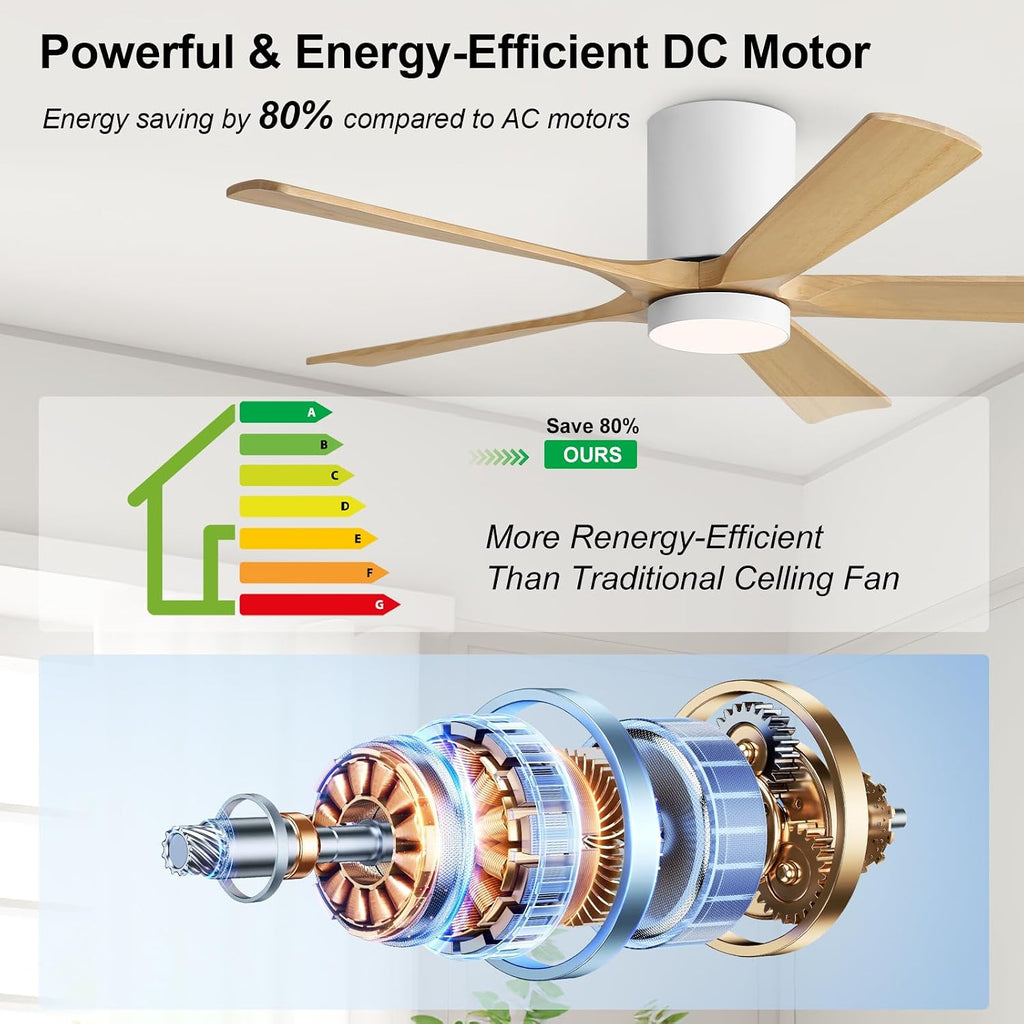 ELEHINSER 52 Inch Flush Mount Ceiling Fan with Lights, Low Profile Modern Ceiling Fan with Remote, Quiet DC Motor, 6-Speed, 3CCT,Timer, 5 Solid Wood Blades, White+Light Wood