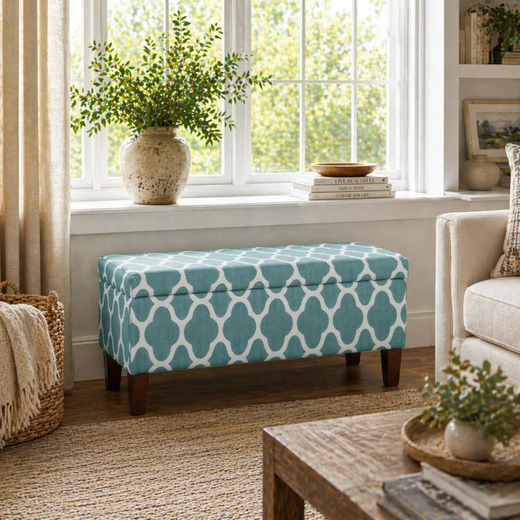 HomePop 36' Storage Ottoman Bench with Hinged Lid - Teal Geometric