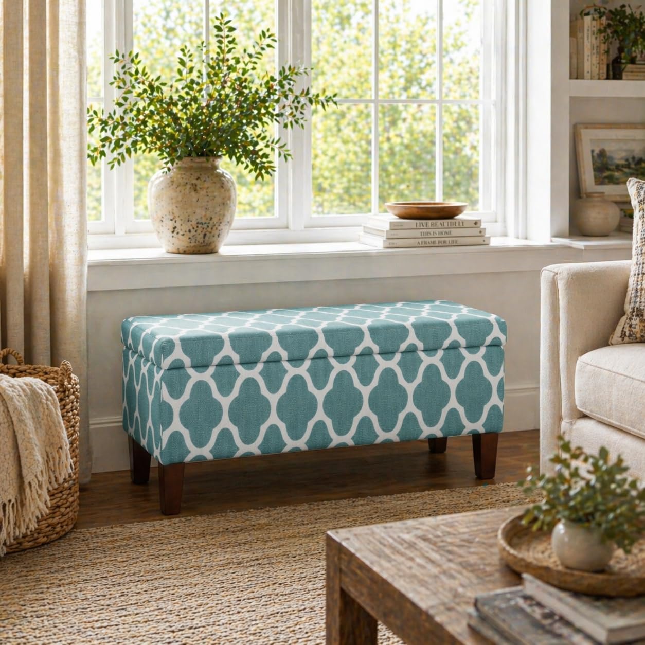 HomePop 36' Storage Ottoman Bench with Hinged Lid - Teal Geometric