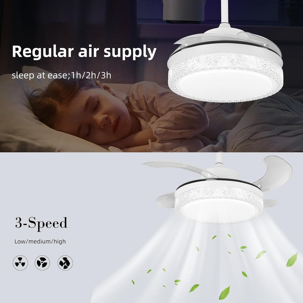 36' Smart Retractable Ceiling Fan with Bluetooth Speaker for Kids Room, RGB Color Changing Crystal Fandelier with App/Voice Control, Works with Alexa & Google Home, Dimmable LED & Quiet Motor