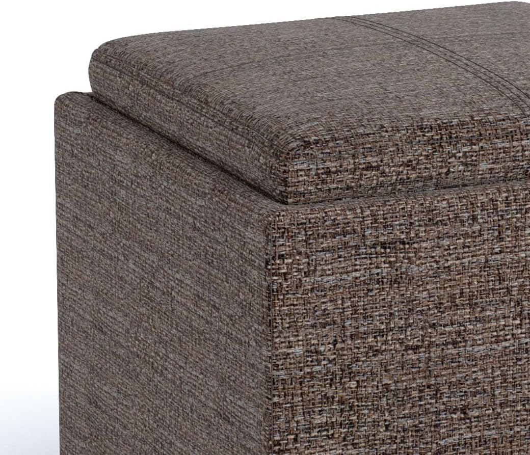 SIMPLIHOME Rockwood Cube Storage Ottoman with Tray - 17' Wide x 17' High Upholstered Tweed Look Fabric Square Storage Ottoman in Mink Brown,Contemporary Cube Ottoman for Living Room with Serving Tray