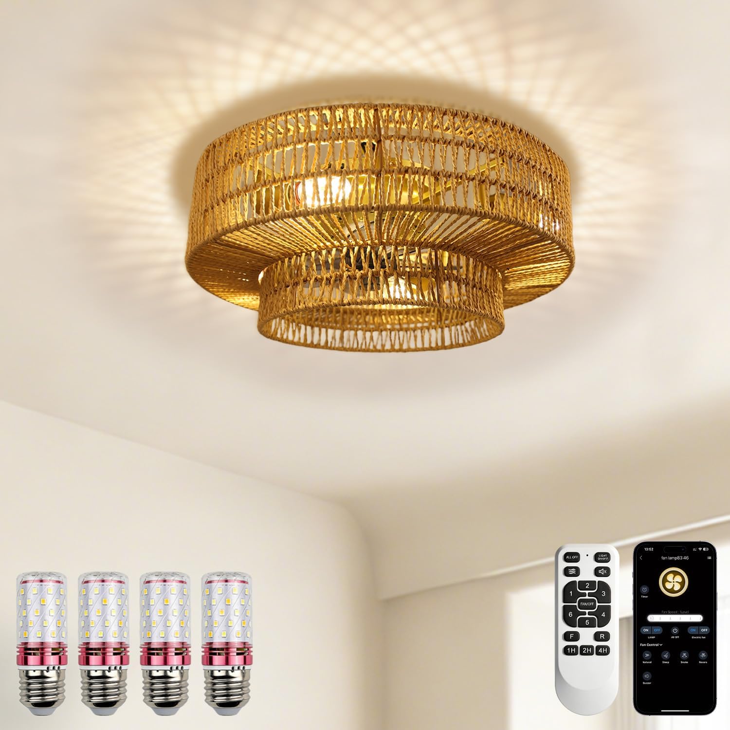 Boho Ceiling Fan with Light and Remote,Rattan Fandelier Ceiling Fan with Light with 3 Mode Lighting and E26 Bulbs for Bedroom, Nursery, Garage (Yellow)