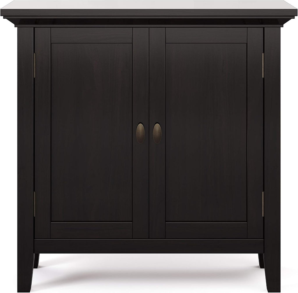SIMPLIHOME Redmond Storage Cabinet - 32 inch Wide Solid Wood 2-Shelf Low Storage Cabinet in Hickory Brown, Transitional Accent Cabinet for Entryway with Adjustable Shelves and Tapered Legs