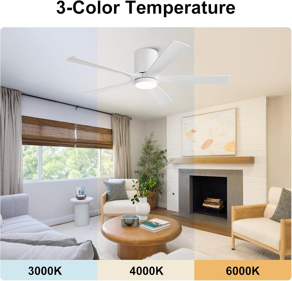 ELEHINSER 52 Inch Flush Mount Ceiling Fan with Lights, Low Profile Modern Ceiling Fan with Remote, Quiet DC Motor, 6-Speed, 3CCT,Timer, 5 Solid Wood Blades, White