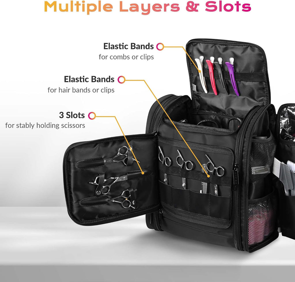 BYOOTIQUE Soft Sided Rolling Makeup Train Case Travel Backpack For Hair Stylist Tools Curling Iron Straightener Salon Barber Shop, Black