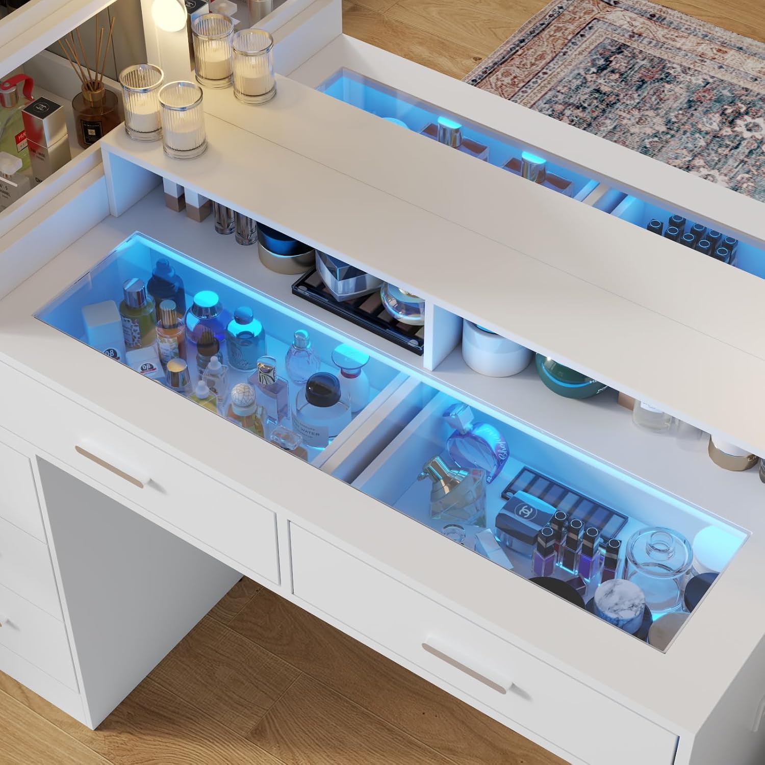 Gyfimoie White Vanity Desk with Mirror and Lights, 8 Drawer Makeup Vanity Table with Glass Top, Power Outlets and RGB Lights, Women & Girls Dressing Table with Lighted Mirror（Stool Not Included）