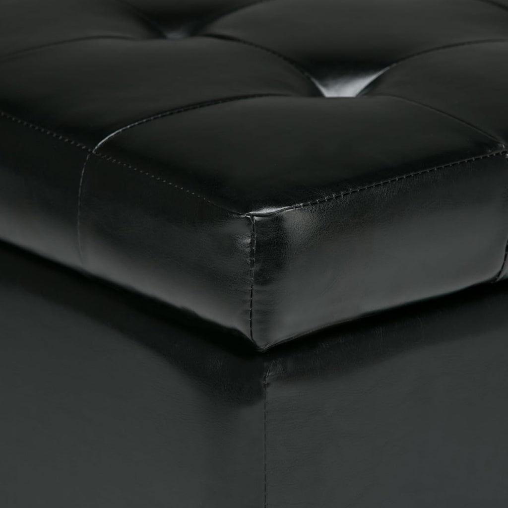 SIMPLIHOME Cosmopolitan Storage Ottoman - 34 inch Wide Upholstered Vegan Leather Rectangle Storage Ottoman Bench in Midnight Black, Transitional Tufted Ottoman for Living Room with Lift-Up Lid