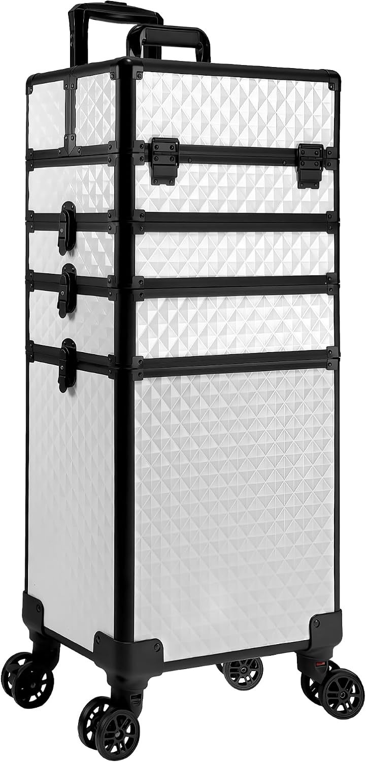 5 in 1 Rolling Makeup Train Case on Wheels Large Cosmetic Organizer Travel Cart for Women Beauty Salon Barber Hairstylist White