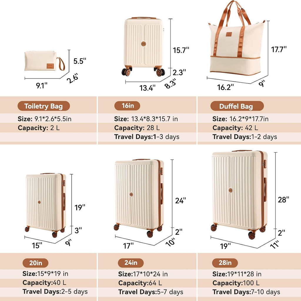 Hoteel Luggage Sets 6 Piece ABS+PC Hardside, 4-Year Warranty, Luggage Set with Spinner Wheels, TSA Lock, Lightweight Carry on Luggage, 16'/20'/24'/28' Suitcase with Duffel & Organizer, Beige