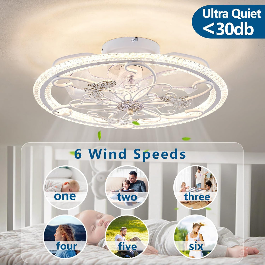 20' White Ceiling Fan with Lights Remote Control, 6 Speeds Retro Industrial Caged Ceiling Fan with Light for Kitchen Bedroom Living Room