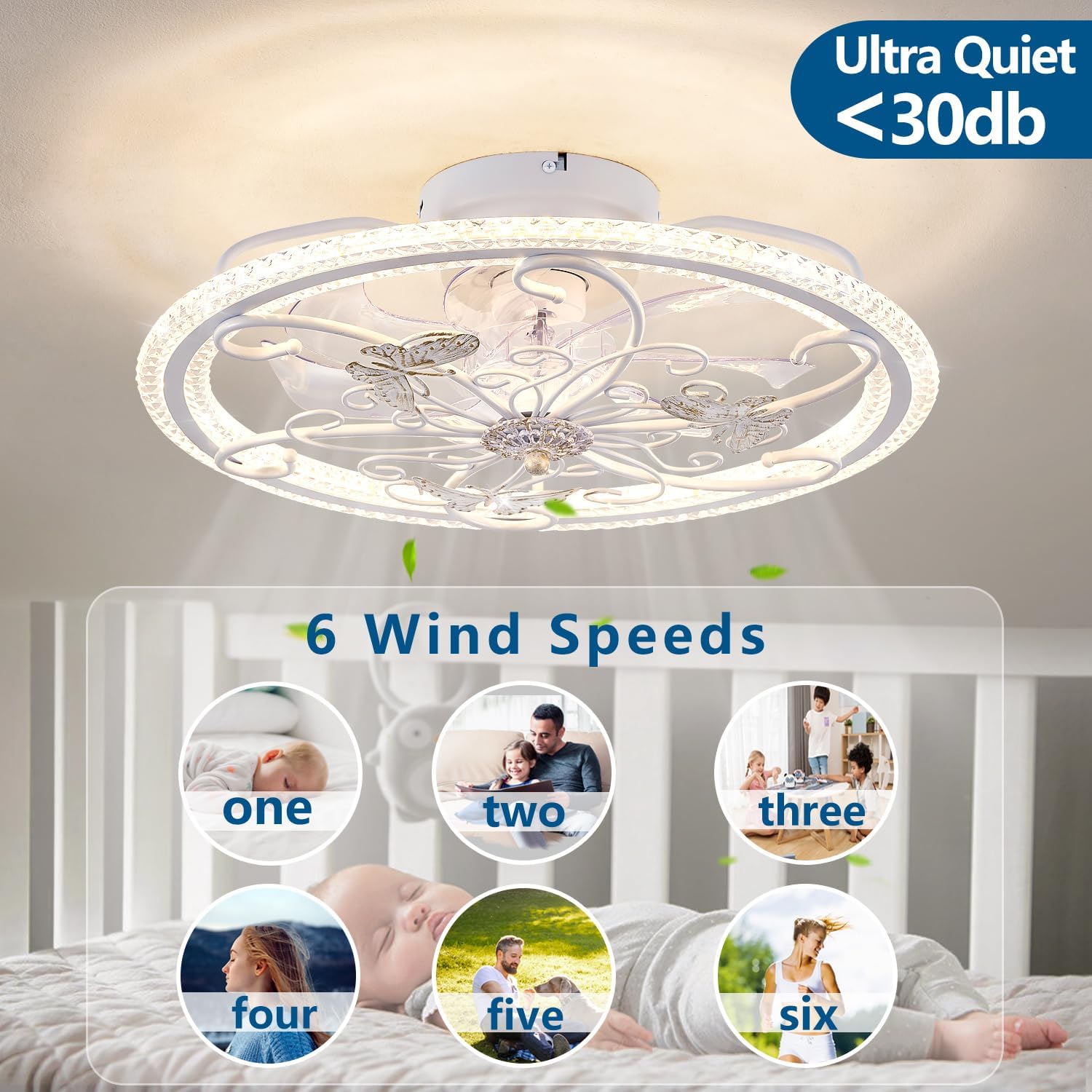 20' White Ceiling Fan with Lights Remote Control, 6 Speeds Retro Industrial Caged Ceiling Fan with Light for Kitchen Bedroom Living Room