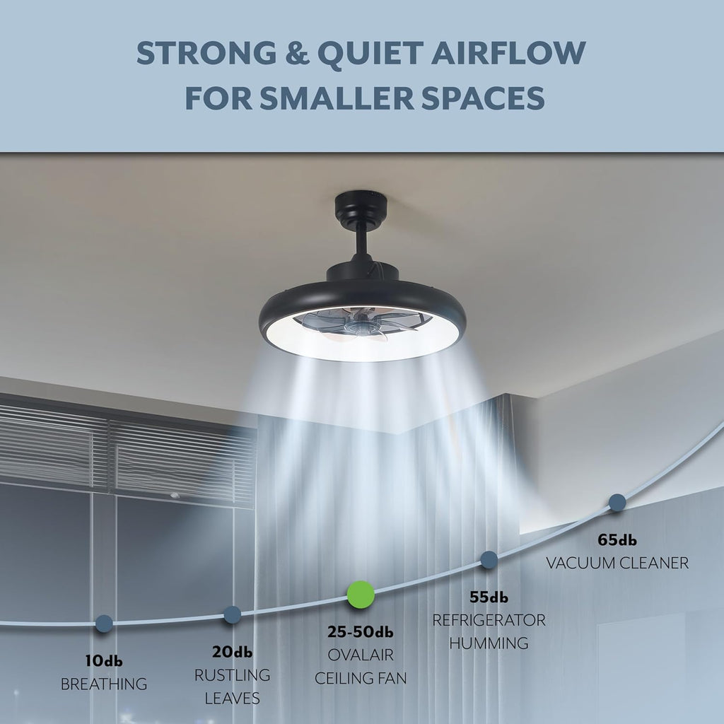 Oval AIR Loren 20' Small Smart Ceiling Fan with Light, Semi Flush Mount, Quiet 6-Speed Reversible Motor, Dimmable LED, Adjustable CCT, App & Remote Control, Modern, Black AIR8002B