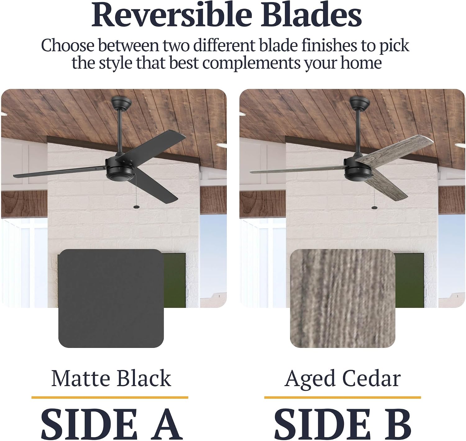 Prominence Home Tenant, 52 Inch Contemporary Indoor Outdoor LED Ceiling Fan, No Light, Pull Chain, Dual Mounting Options, 3 Dual Finish Blades, Reversible Airflow - 51866-01 (Matte Black)